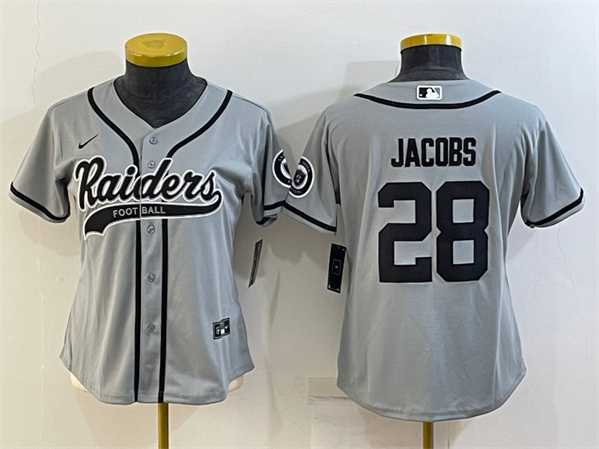 Women%27s Las Vegas Raiders #28 Josh Jacobs Gray With Patch Cool Base Stitched Baseball Jersey